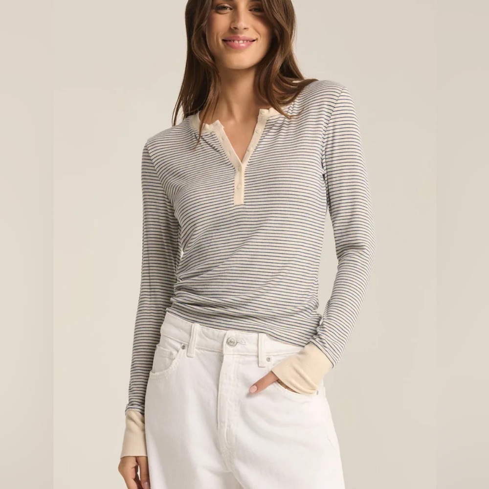 Z Supply Cream and Gray Striped Long Sleeve Henley
